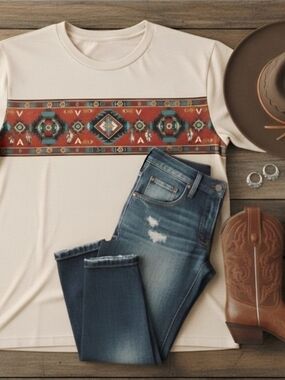 Southwestern Aztec Graphic Tee • Tribal Geometric Band • Western Boho Unisex Tee